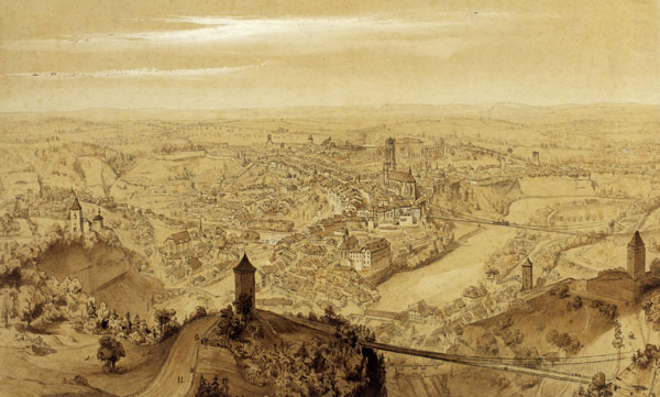 Alfred Guesdon, Vue aérienne de la ville de Fribourg prise de l'est, 1857