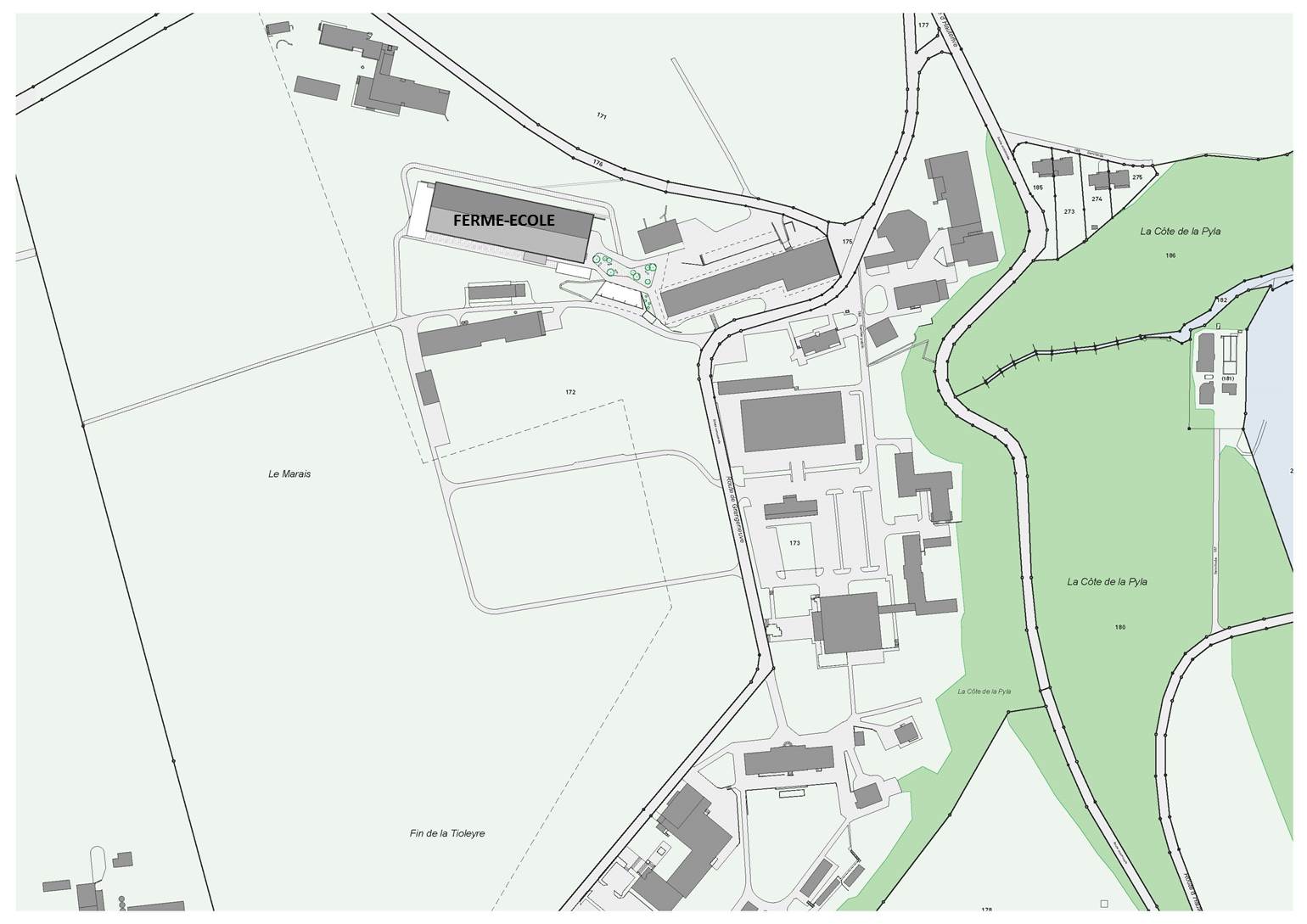 Standortplan des neuen Schulbauernhofs von Grangeneuve 