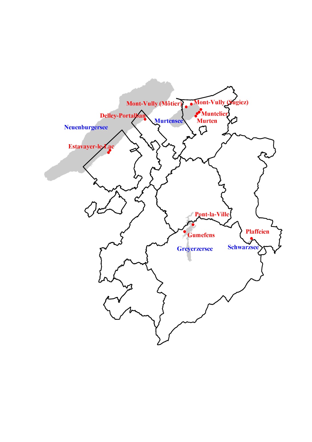 Karte der offiziellen Strandbäder des Kantons Freiburg