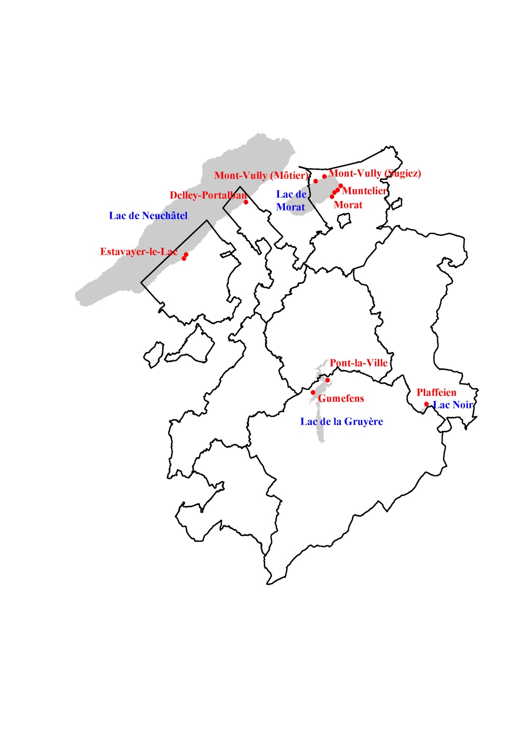 Carte des plages officielles du canton de Fribourg