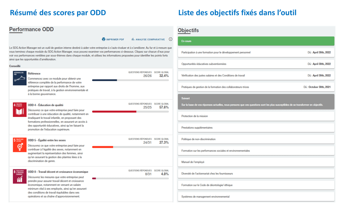 Résumé des scores par ODD et Liste des objectifs fixés par l'outil - SDG Action Manager