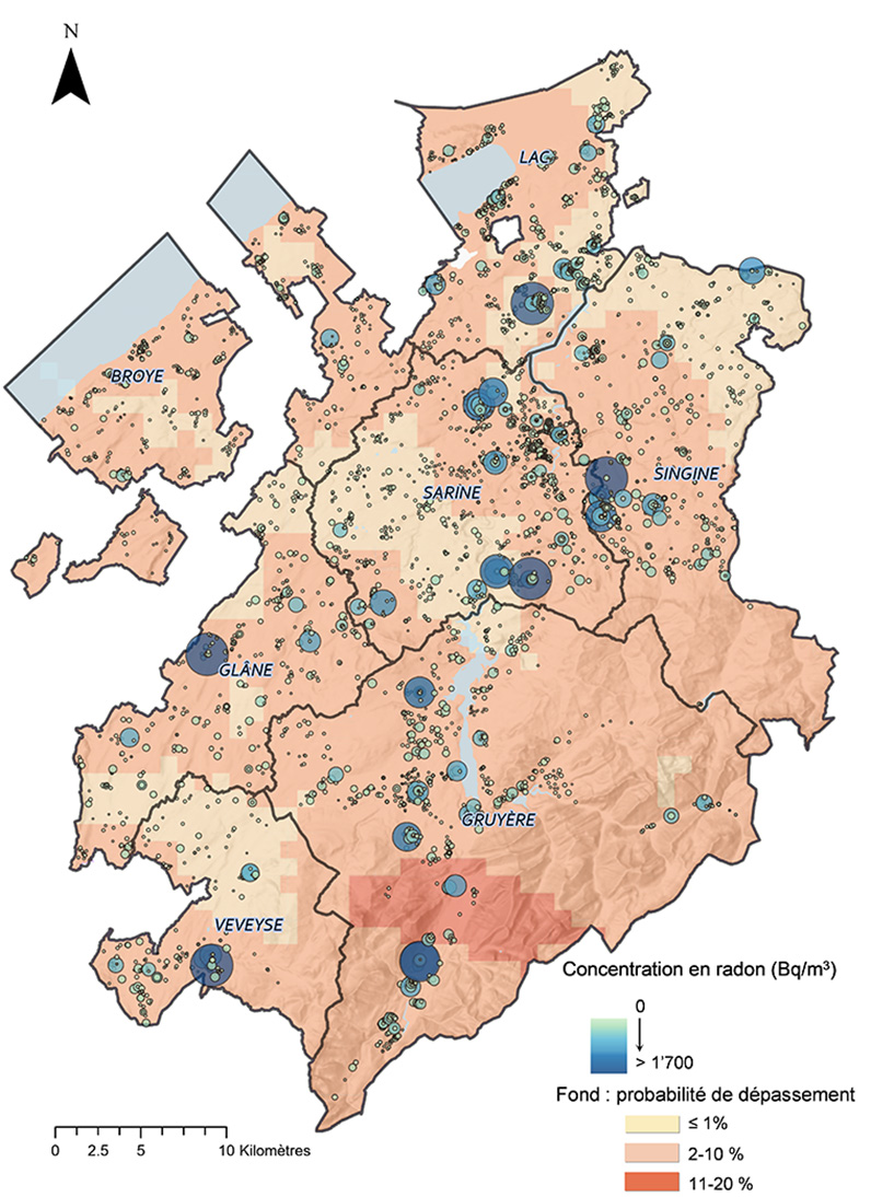 Valeurs des mesures de la concentration en radon dans le canton de Fribourg (état au 31.07.2022)