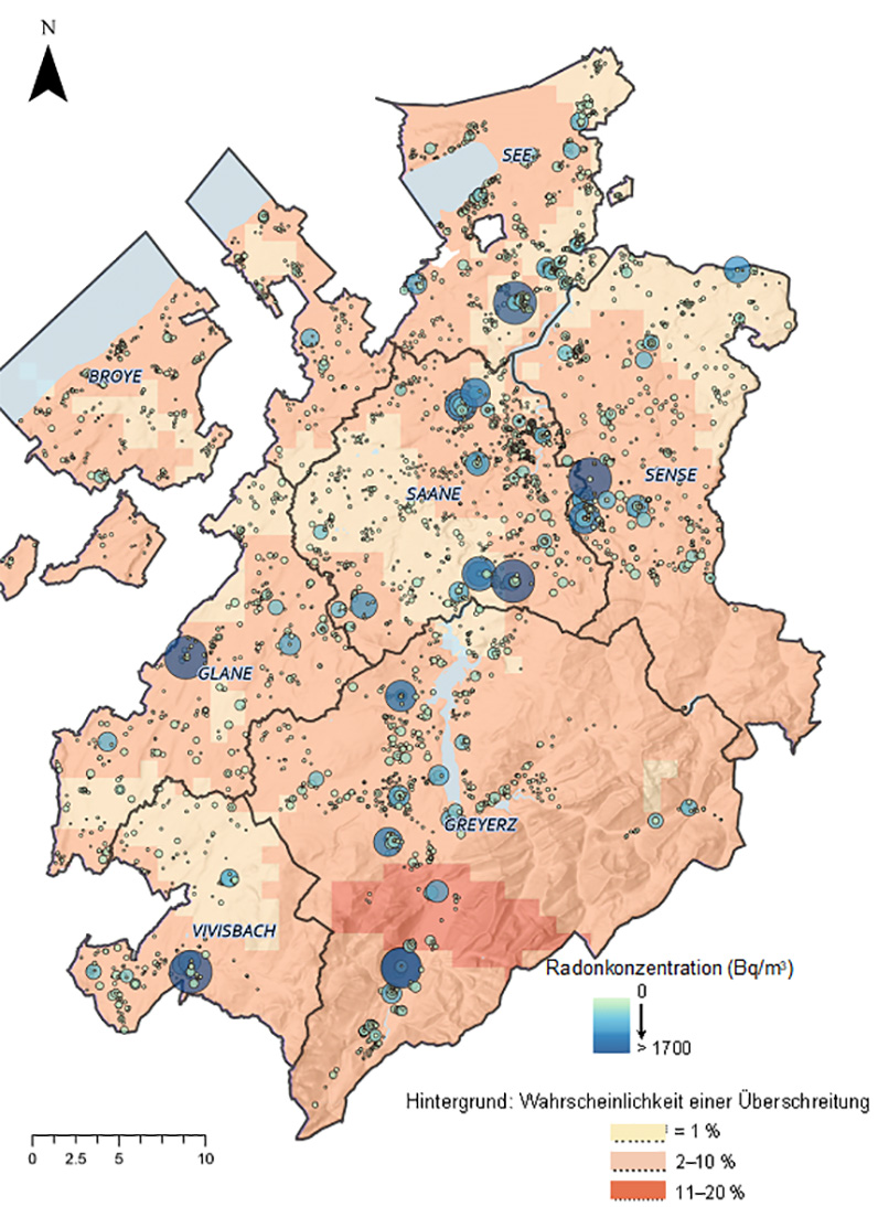 Messwerte der Radonkonzentration im Kanton Freiburg (Stand 31.07.2022)