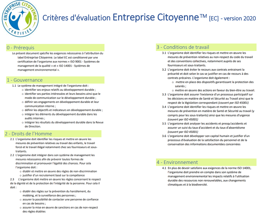 Bewertungskriterien Label Entreprise Citoyenne