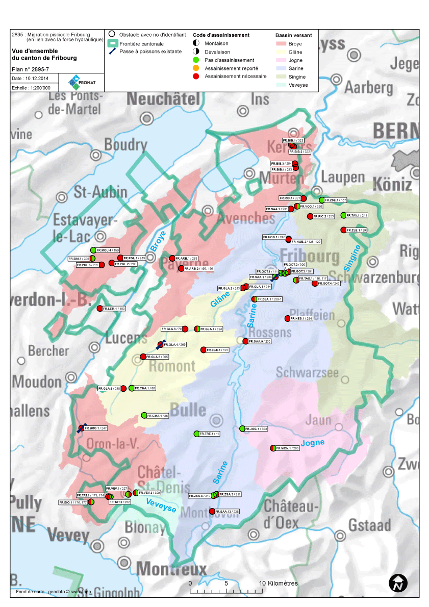 Carte des ouvrages liés à la force hydraulique nécessitant un assainissement de la migration piscicole, selon la planification stratégique de 2014. 