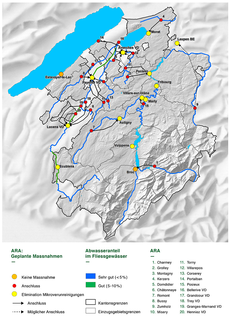 Situation im Jahr 2040 mit den vorgesehenen Massnahmen (Regionalisierung, Elimination der Mikroverunreinigungen), sowie Anteil im Vorfluter des bezüglich organische Spurenstoffe ungereinigten Abwassers (Modellierung)