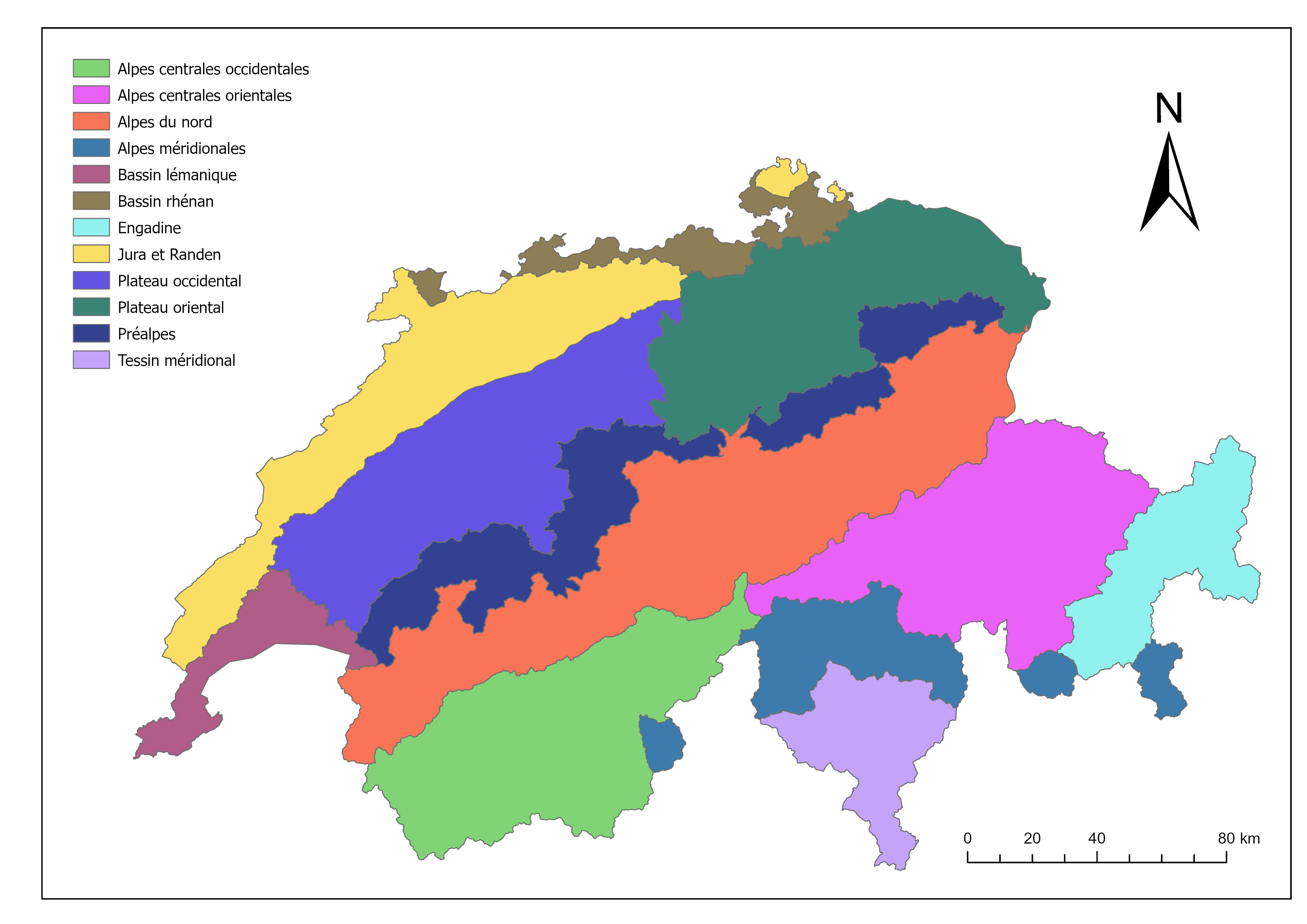 Carte des régions biogéographique de la Suisse. Le canton de Fribourg se trouve séparé entre le Plateau occidental, les Préalpes et les Alpes du Nord.
