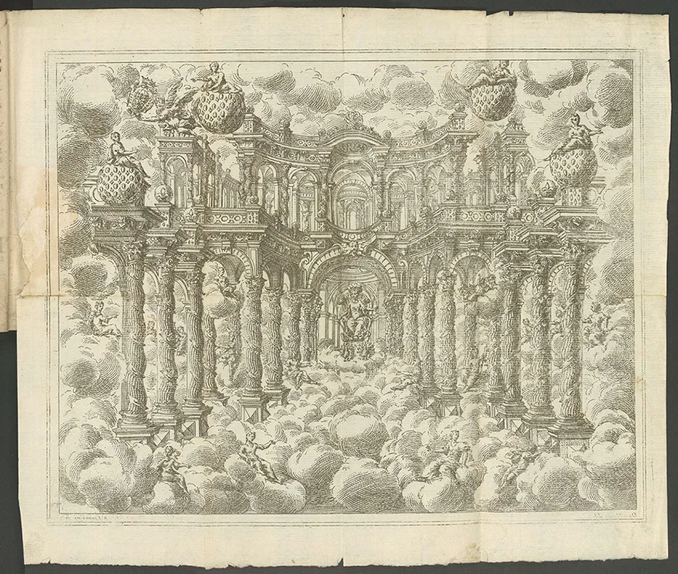 Gravure d’une scène tirée du livret Il favore degli dei, drame musical spectaculaire pour les noces, à Parme en 1690, entre le fils du duc de Parme (maison Farnese) et la fille de l’électeur palatin de Neuburg.