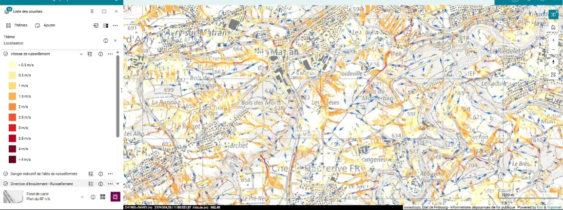 Carte associant vitesse de ruissellement et direction de l'écoulement