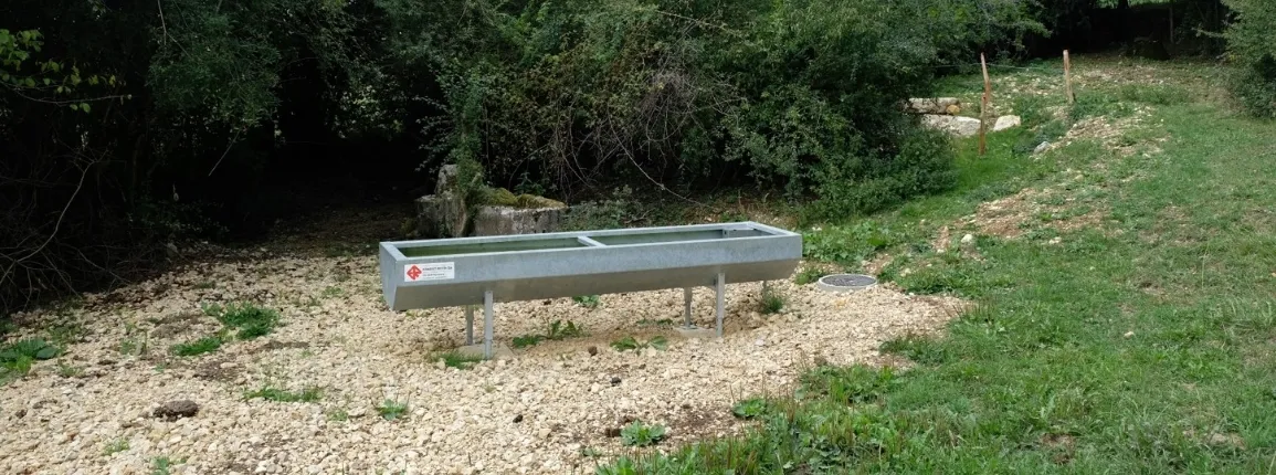 Un nouvel abreuvoir installé en dehors de la zone de source permet de préserver la qualité du milieu naturel tout en assurant l’approvisionnement en eau pour le bétail.
