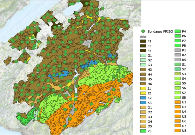 Bodeneignungszonen und Lage der FRIBO-Bohrungen (grüne Punkte)