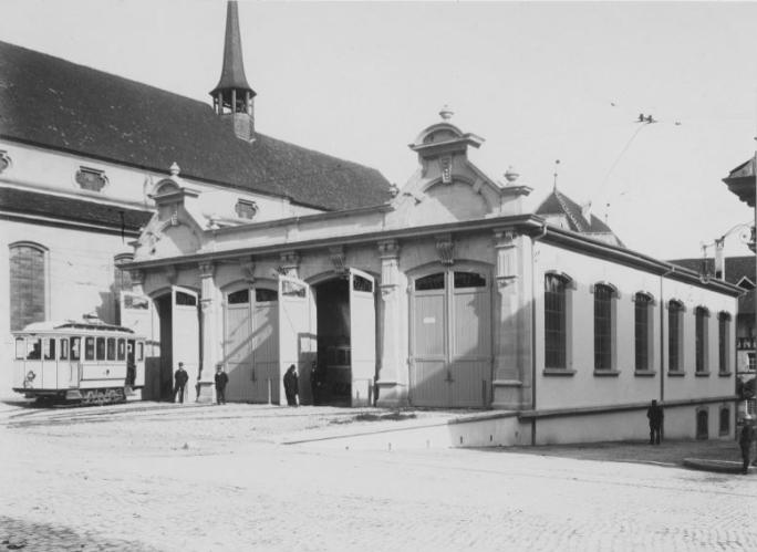 Dépôt de tram, Place de Notre Dame, Fribourg, ca. 1890 