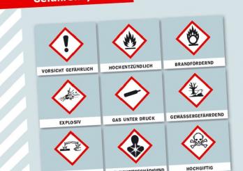 Die Photo zeigt eine Darstellung der Gefahrensymbole für Chemikalien