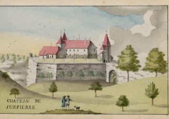 Château de Surpierre dessiné en 1796 par Charles de Castella de Montagny, ms. L 2150, f. 2r. Bibliothèque cantonale et universitaire Fribourg