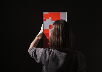 photo représentant une femme de dos qui inspecte un tableau 
