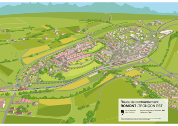 Computerbild, das die Stadt Romont mit der geplanten Umfahrungsstrasse zeigt