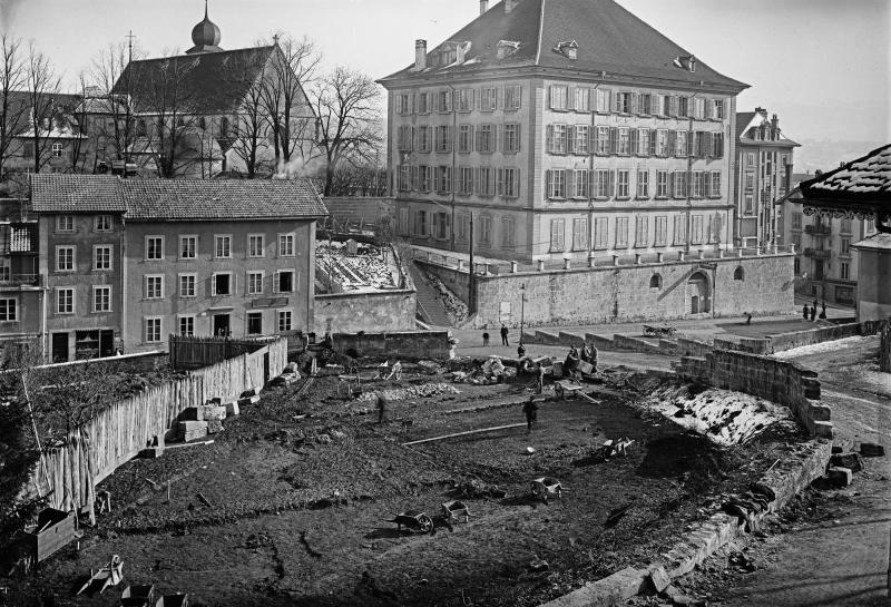Travaux précédant la construction de la BCU, 1907-1908. Bibliothèque cantonale et universitaire Fribourg - Fonds Prosper Macherel 