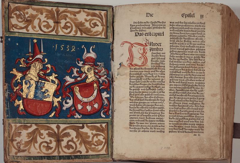 Bible latine imprimée à Strasbourg en 1485. Z 299, contreplat supérieur et f. aa1r. Bibliothèque cantonale et universitaire Fribourg