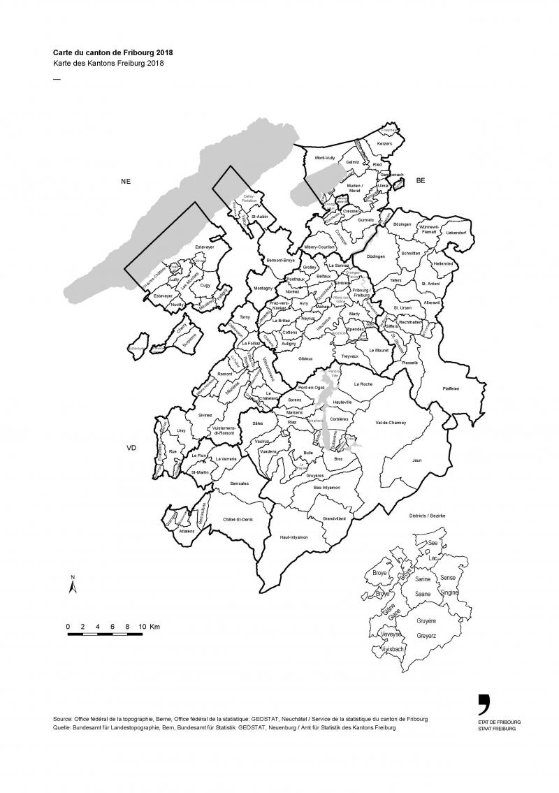 Carte du canton de Fribourg avec les frontières des communes et des districts
