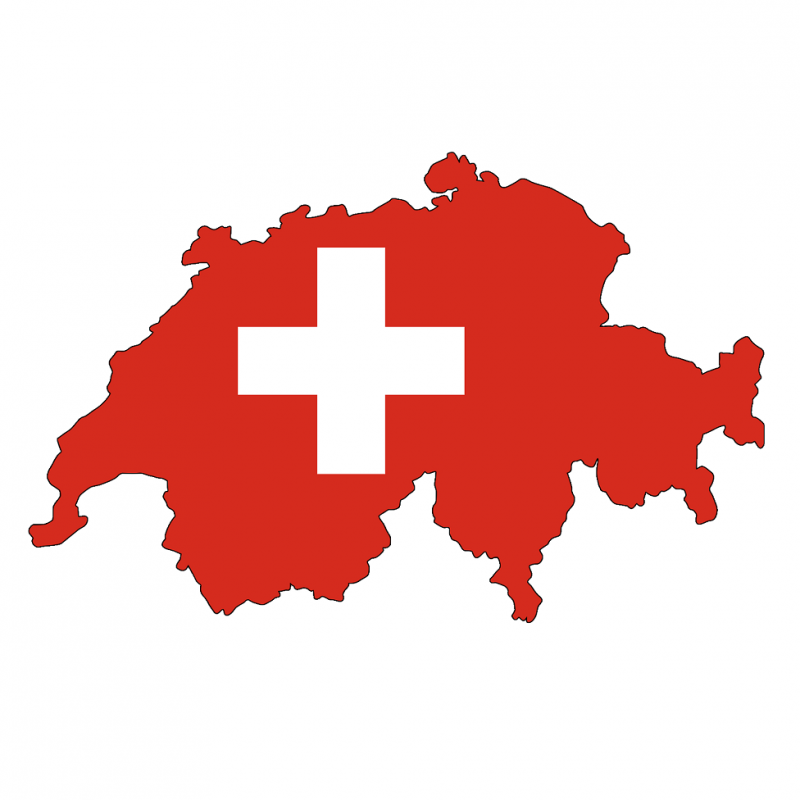 Das Bild zeigt die Konturen der Schweiz in rot mit dem weissen Schweizerkreuz in der Mitte