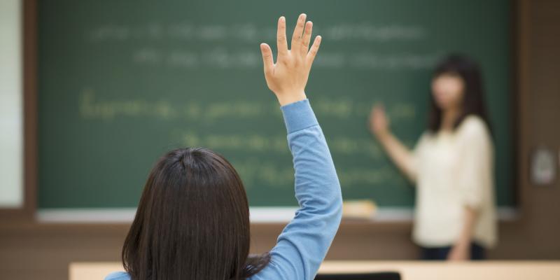 Un élève de dos lève la main pour répondre à une demande de son enseignante
