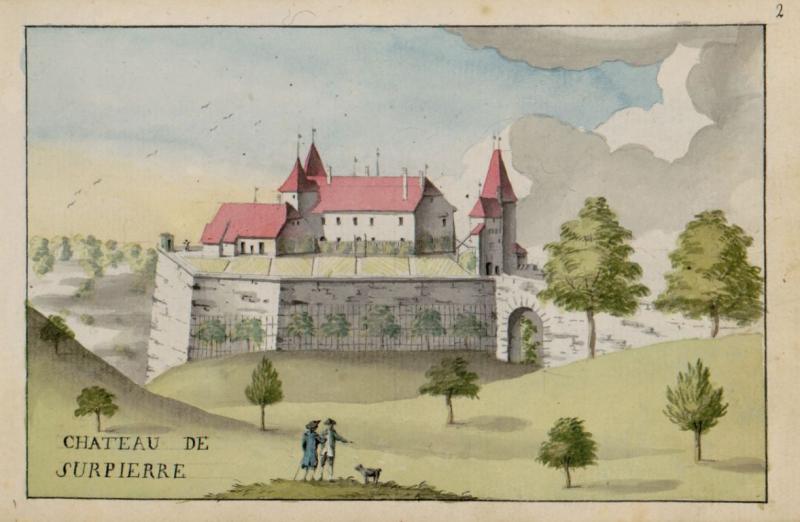 Schloss Surpierre, Zeichnung von Charles de Castella de Montagny, 1796, Ms. L 2150, f. 2r. Kantons- und Universitätsbibliothek Freiburg