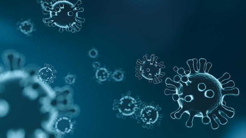 Une représentation du virus Covid-19 sur fond bleu