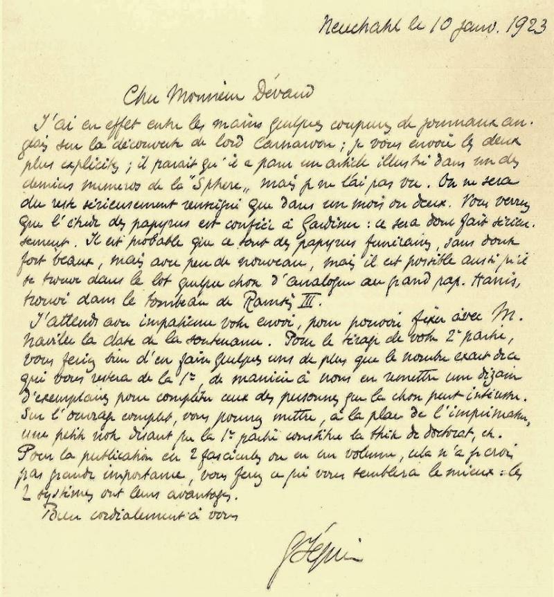 Brief von Professor Gustave Jéquier an den Ägyptologe Eugène Dévaud, 1923. KUB, LC 4, Ba-86. Kantons- und Universitätsbibliothek Freiburg