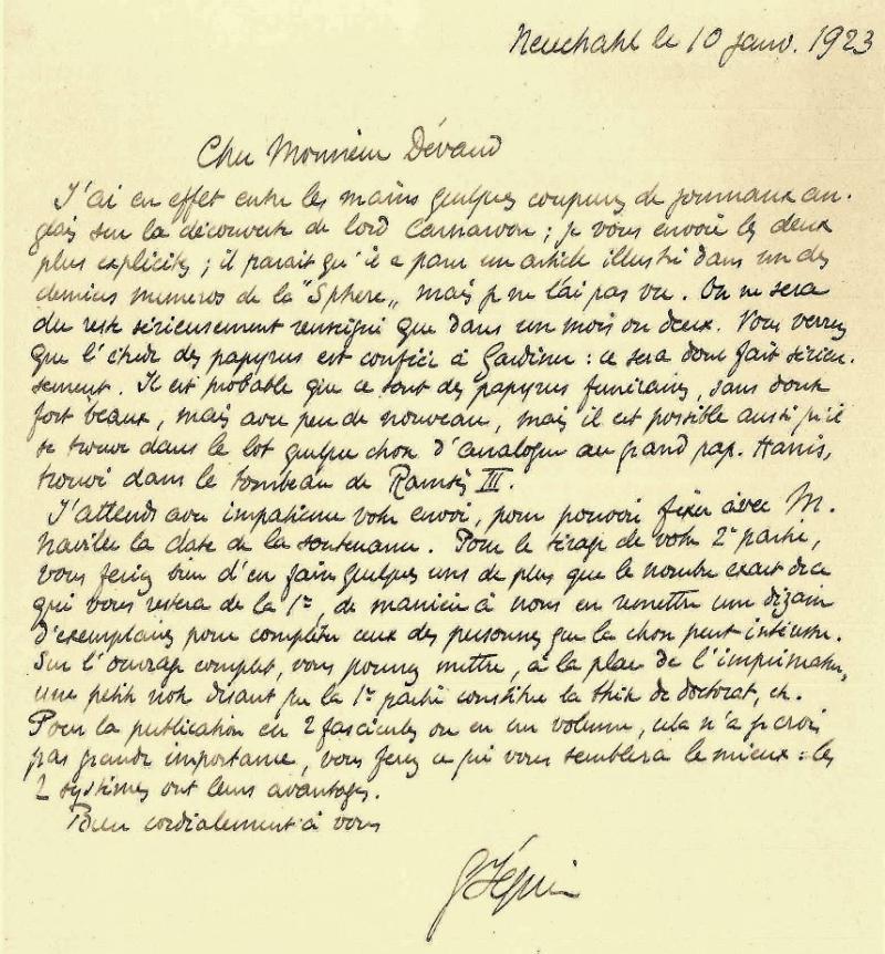 Lettre du professeur Gustave Jéquier à l’égyptologue Eugène Dévaud, 1923. BCU, LC 4, Ba-86. Bibliothèque cantonale et universitaire Fribourg 