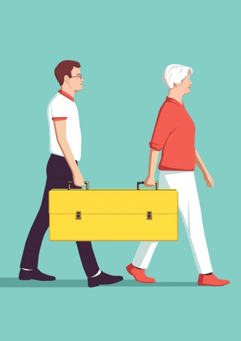 Zwei Personen tragen einen Koffer mit zwei Griffen -  Job sharing erlaubt Aufgaben und Verantwortung zu teilen