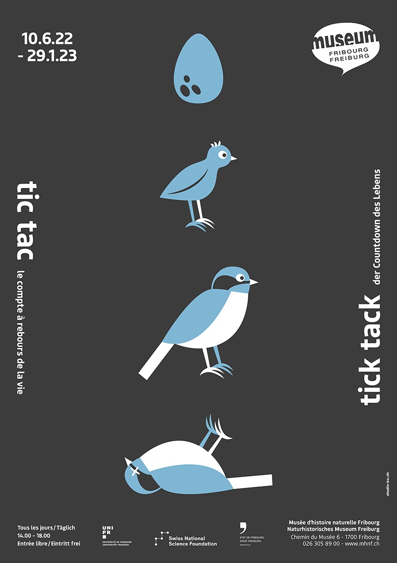 Affiche bleue de l'expo "tic tac - le compte à rebours de la vie"