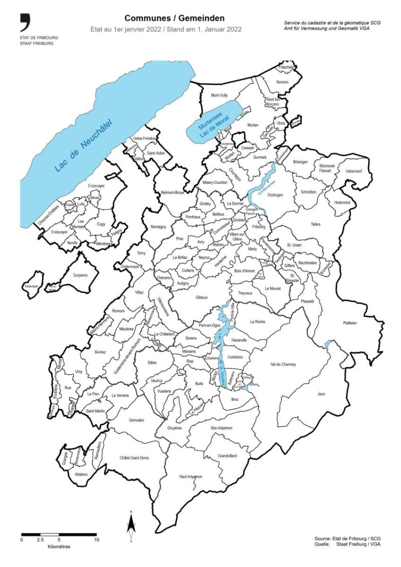 Carte des communes du canton de Fribourg 2022