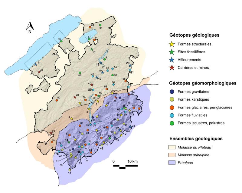 Répartition des géotopes d'importance cantonale dans le canton de Fribourg