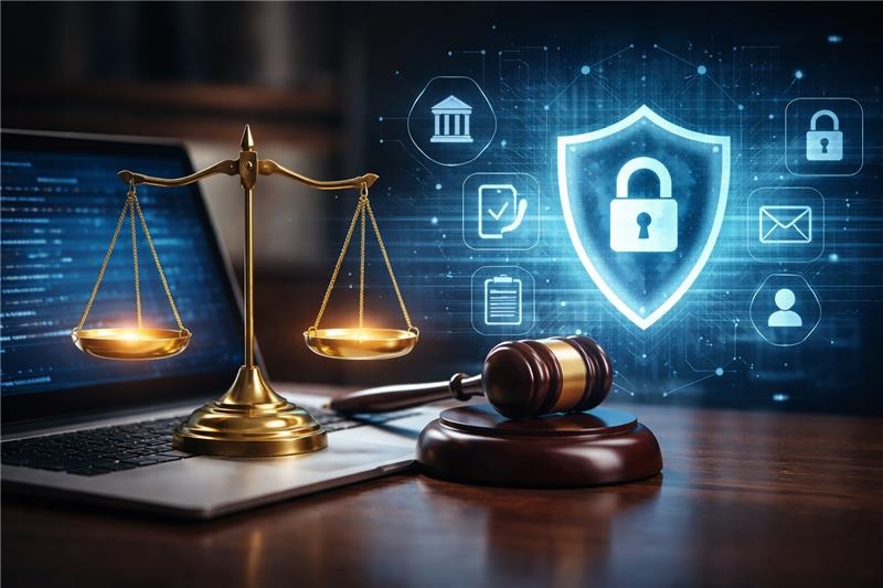 Ordinateur, balance de la justice et marteau