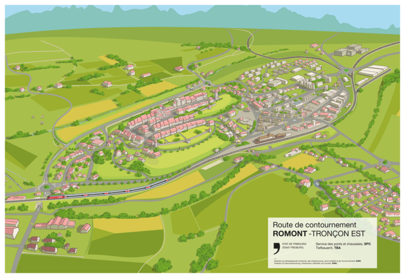 Computerbild, das die Stadt Romont mit der geplanten Umfahrungsstrasse zeigt